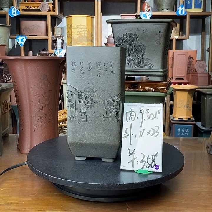 花盆紫砂天青泥精刻