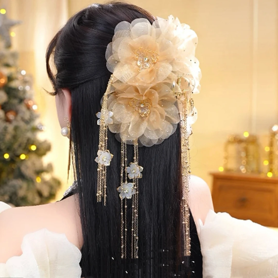 双生莲冬季新年款蝴蝶发饰花朵流苏抓夹高级感鲨鱼夹百搭头饰女