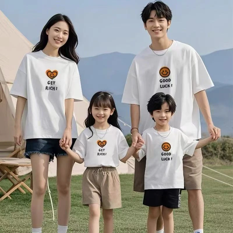 2025夏天季洋气炸街款亲子套装一家三四口男女母纯棉短袖T恤儿童