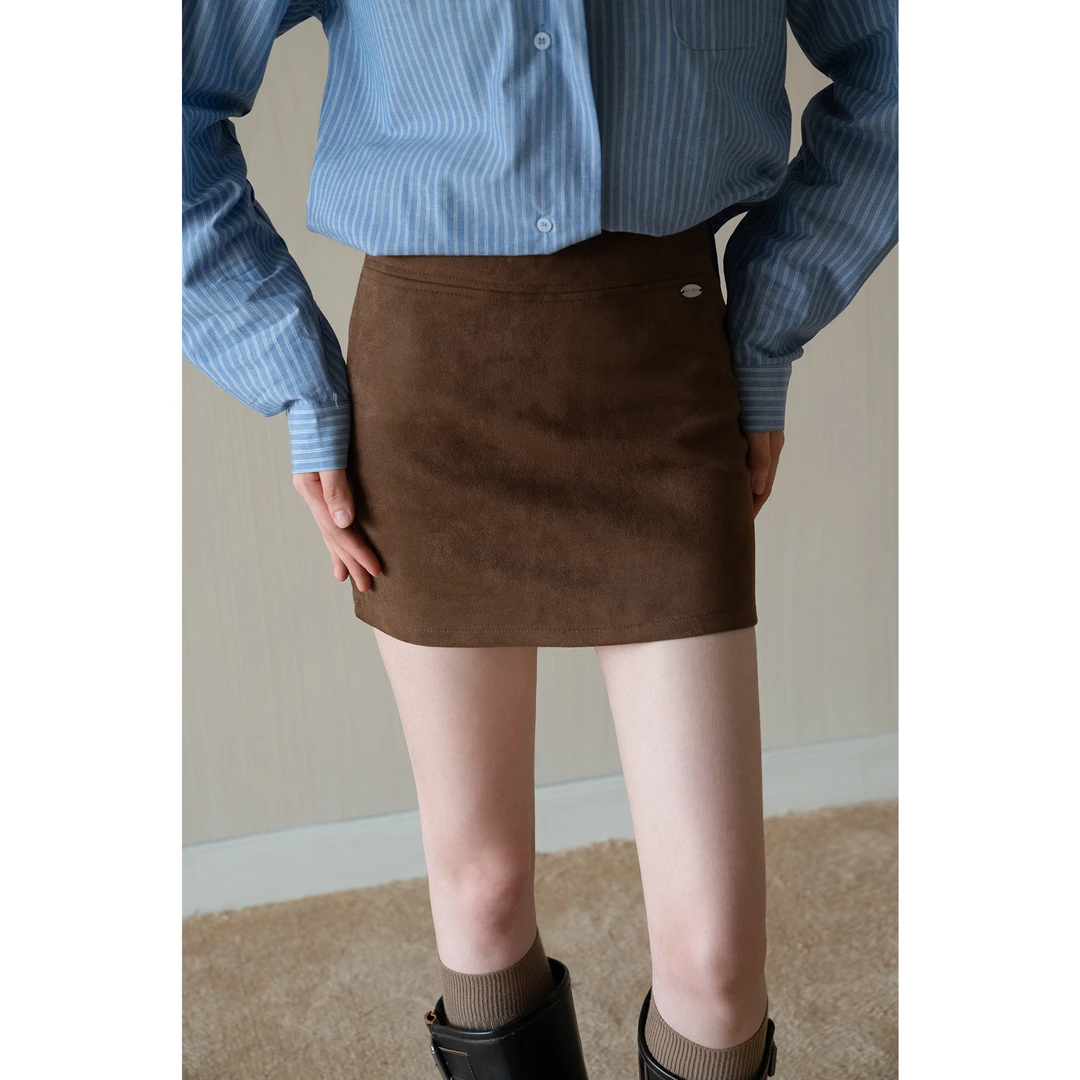 EGGKA仿麂皮绒A字半身裙高腰气质显瘦咖色防走光短裙E25B30139AF