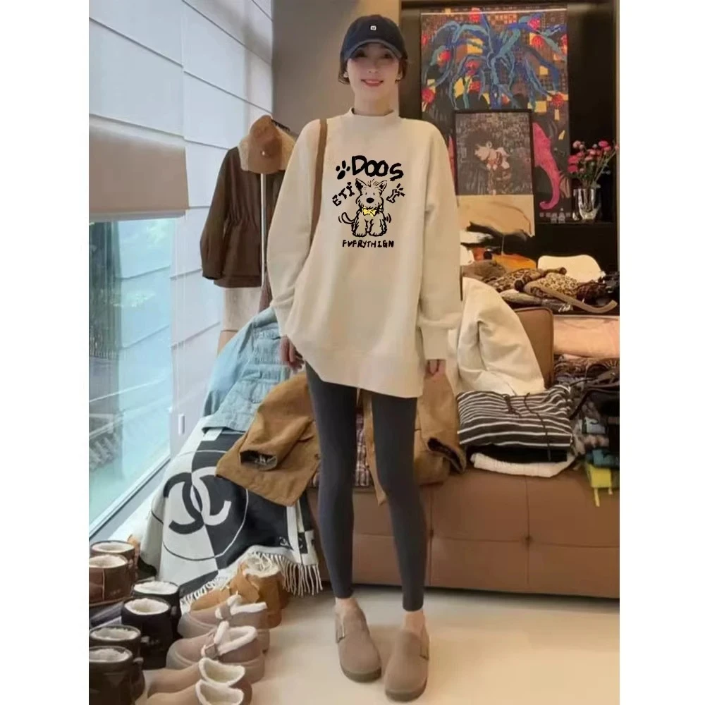 半高领中长款卫衣女秋冬季加绒遮屁股卫衣白色打底衫内搭上衣