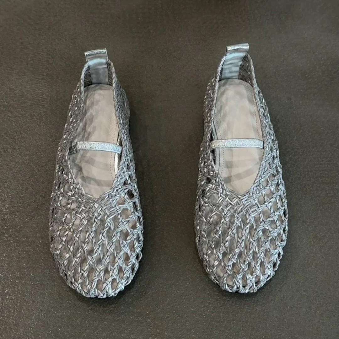 羊皮版~手工编织镂空凉鞋女一字带圆头平底单鞋百搭浅口玛丽珍鞋