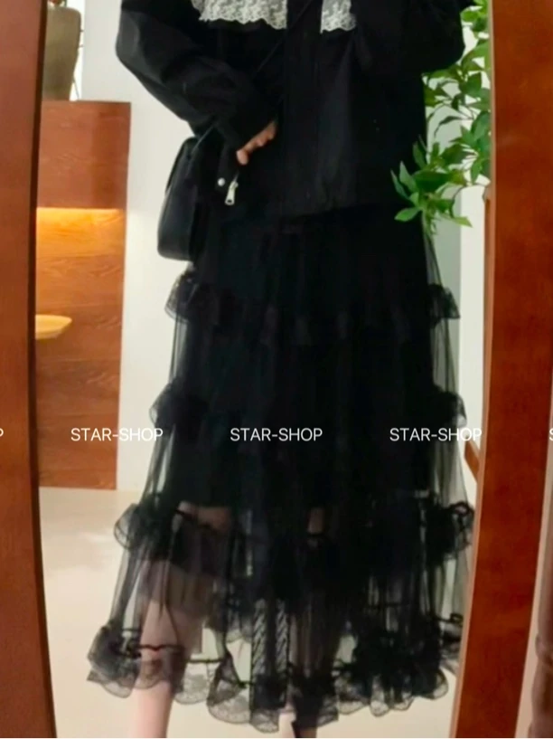 ｛黑天鹅｝春 好显瘦 腰围松紧 层层网纱裙半身裙