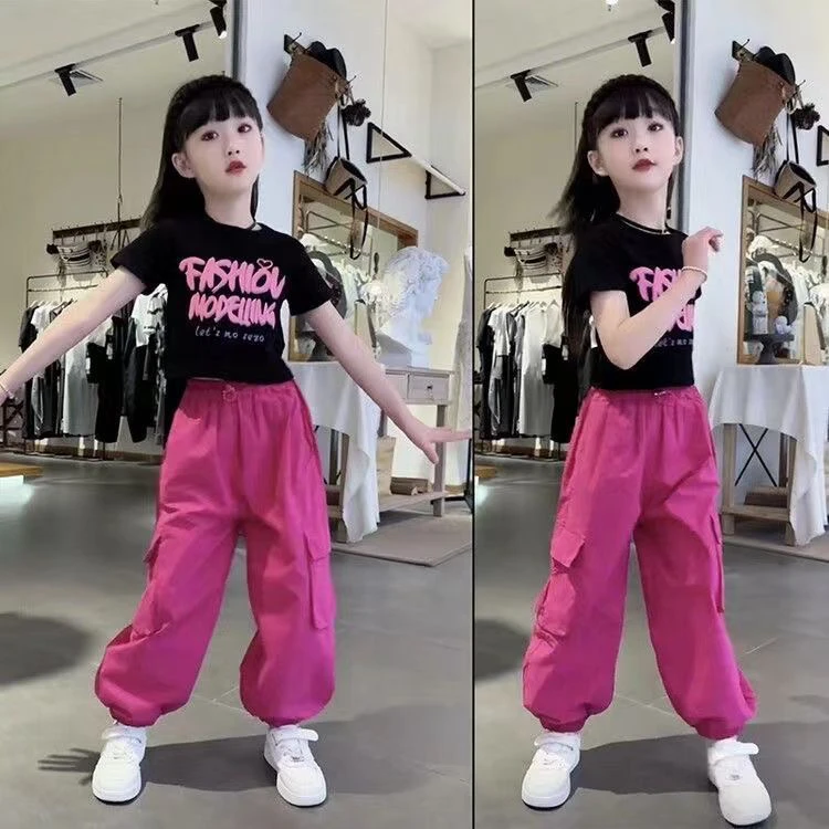 女童短袖工装裤两件套装网红炸街潮2025夏款时髦中大童T恤裤子