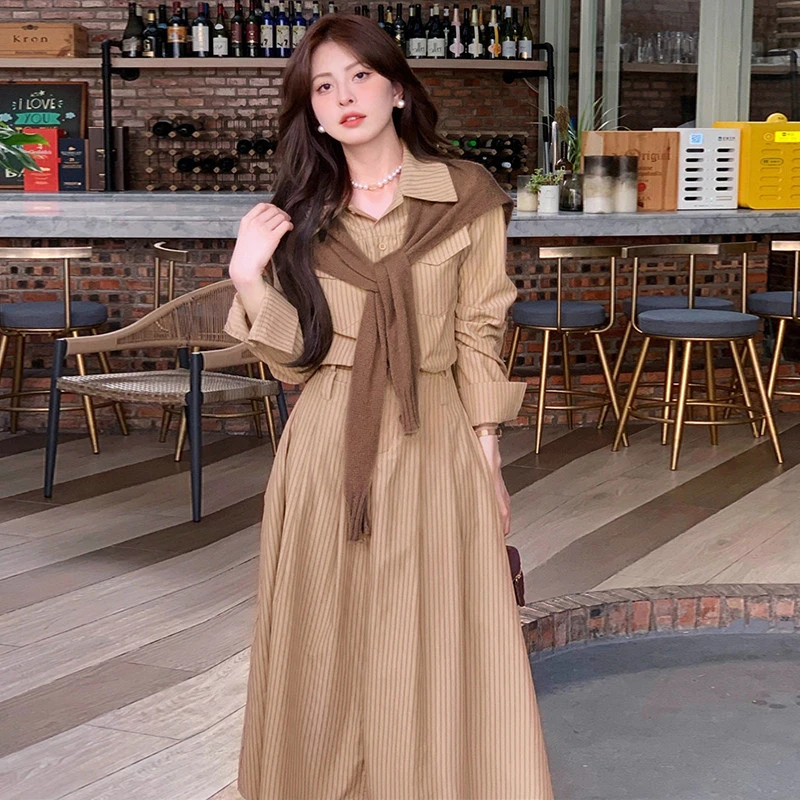 条纹长袖衬衫连衣裙子女2025新款春秋季穿搭高级感小个子气质长裙