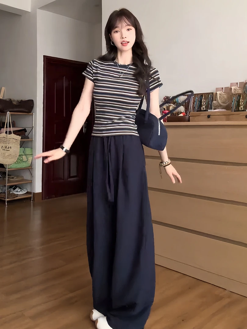 休闲套装夏女2025新款条纹短袖t恤阔腿裤韩里韩气两件套简约女装
