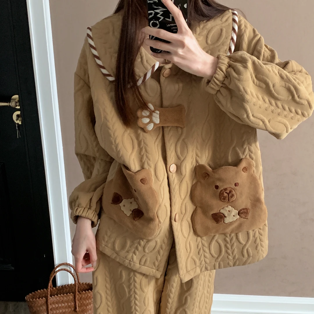 空气棉夹层睡衣女新款秋冬季可爱卡皮巴拉棕色保暖家居服学生套装