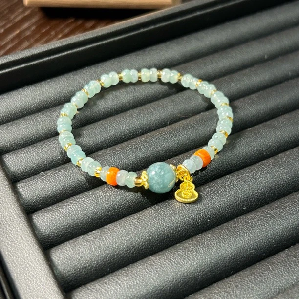 纯天然蓝水翡翠 单圈女款 简约福牌手串母亲节礼物
