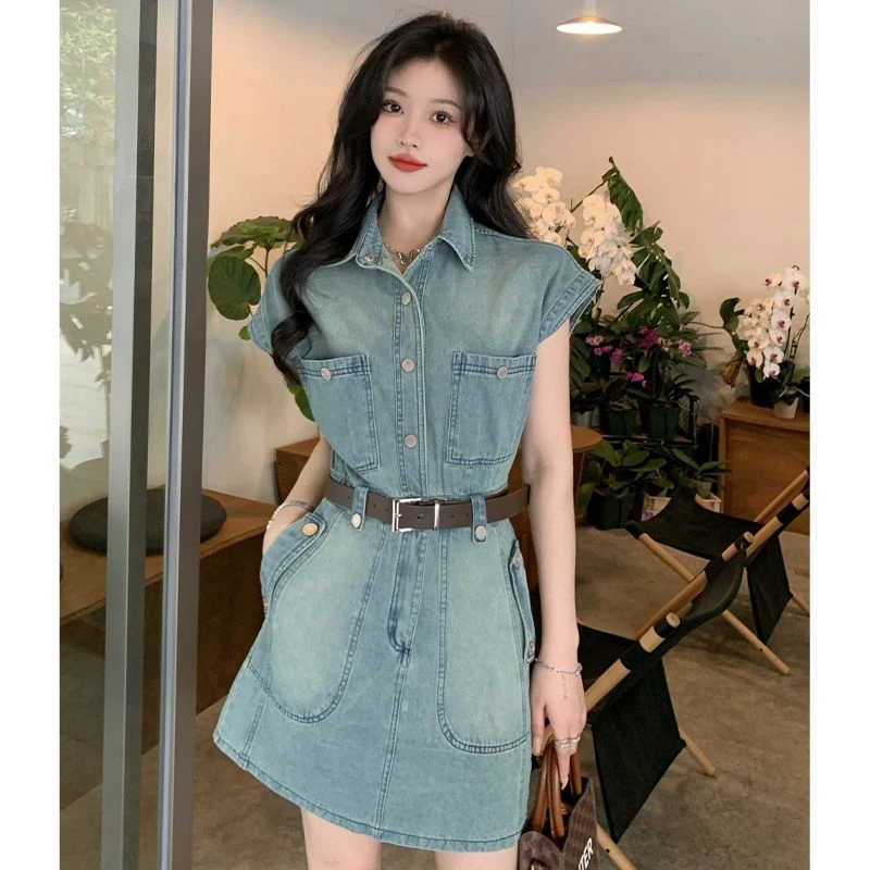 法式polo领无袖牛仔女装新款夏季小个子高级感气质收腰显瘦短裙子