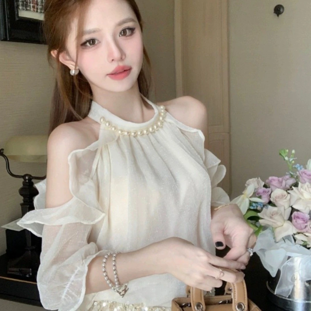 法式重工钉珠露肩衬衣女夏款温柔风气质显瘦别致薄款雪纺衬衫上衣