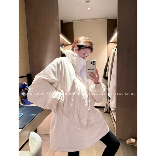 PEACHZHOU 户外三防排骨内胆二合一棉服毛领拼接宽松保暖立领外套