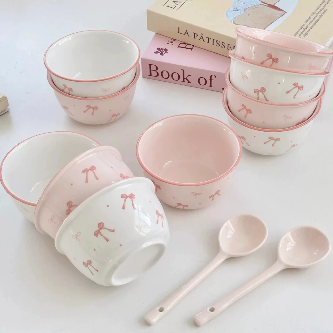 【碗勺套装】粉色蝴蝶结陶瓷碗釉下彩家用粉嫩饭碗甜品碗可微波情侣