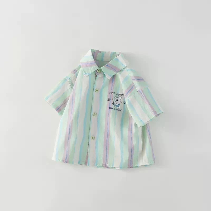 子航同款 夏季新款儿童韩版拼色印花短袖衬衫66957