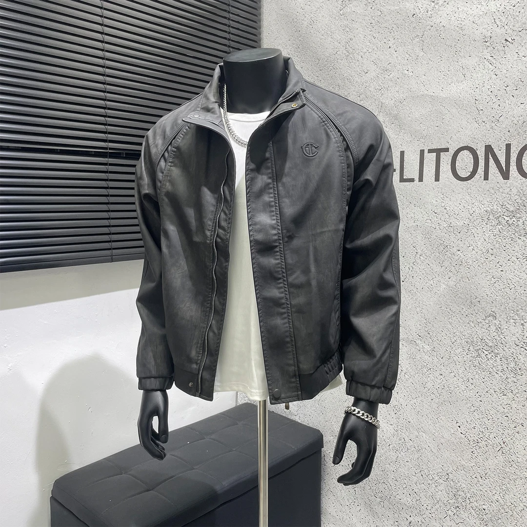复古做旧扎染立领皮衣男士2025秋季新款美式高街宽松休闲夹克外套