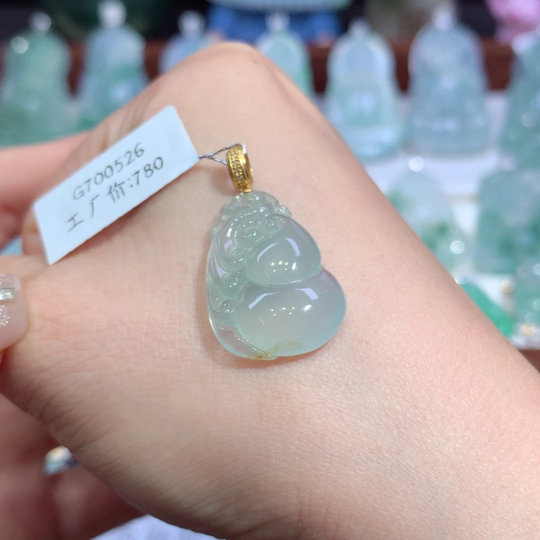 吊坠(不含链)18K金镶嵌翡翠天然缅甸A货翡翠揭阳工葫芦