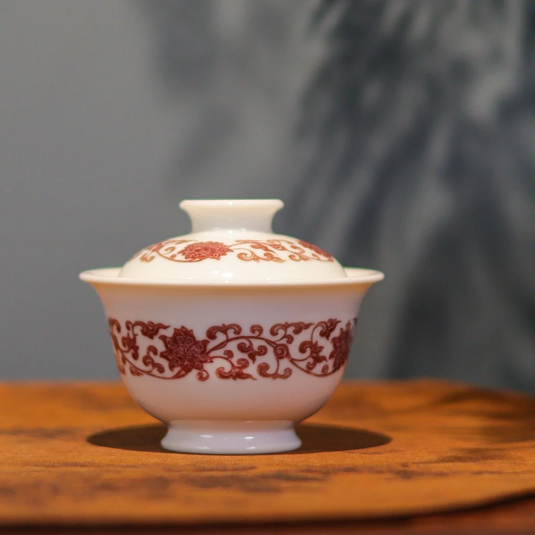 勤义堂全红釉里红一束莲盖碗手工手绘