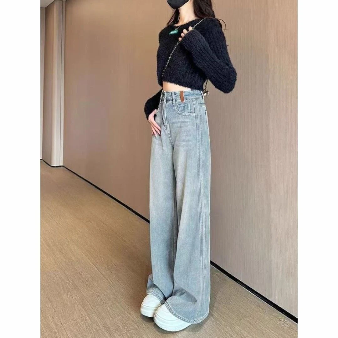 现货大版新款春季浅色阔腿弯刀美式高腰垂感宽松显瘦牛仔裤女士女