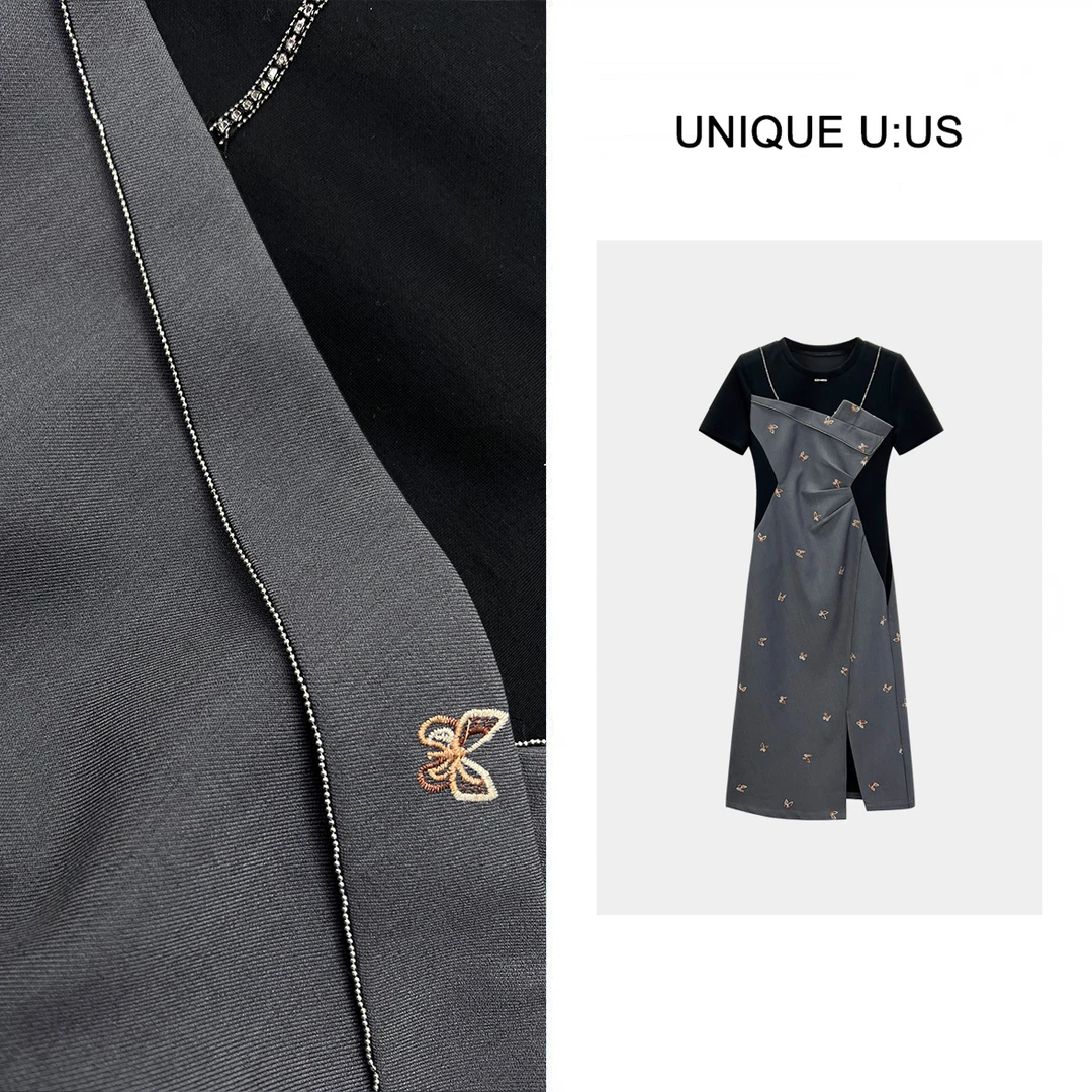 UNIQUE U:US【蝶恋】拼色碎花假两件气质显瘦女装连衣裙-250399曼