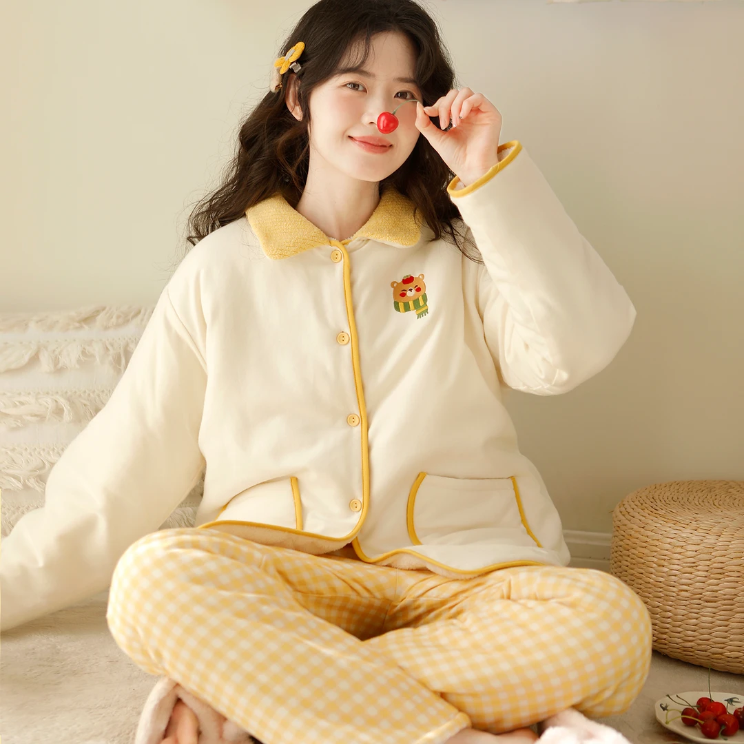 『格子小熊』富朵三层夹棉坐月子棉袄冬季产后加绒加厚保暖孕妇睡衣