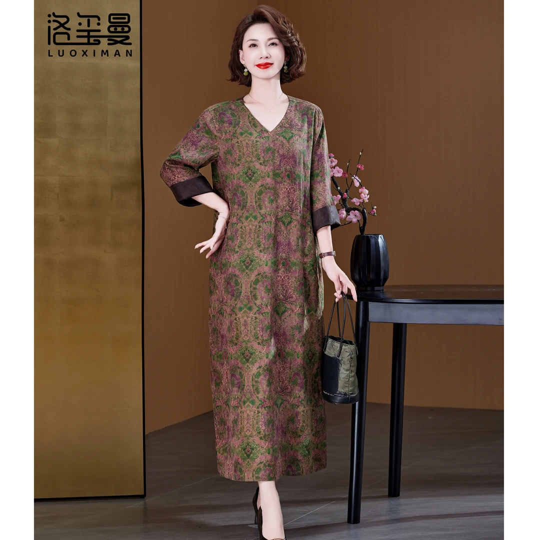 洛玺曼香云纱连衣裙高贵妈妈品牌女装夏季新款宽松桑蚕丝印花裙子