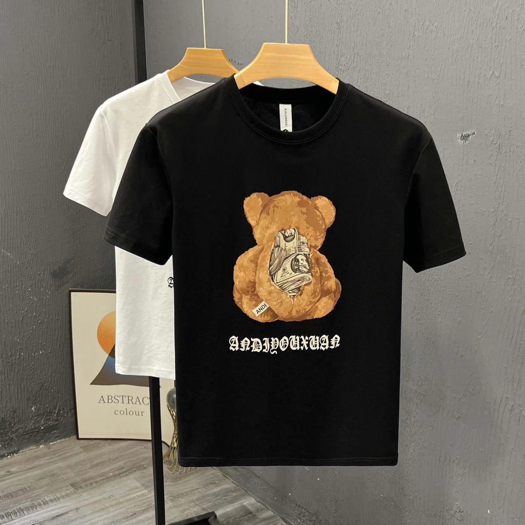 卡通小熊短袖t恤男夏季潮时尚百搭半袖青年痞帅休闲体恤2025新款