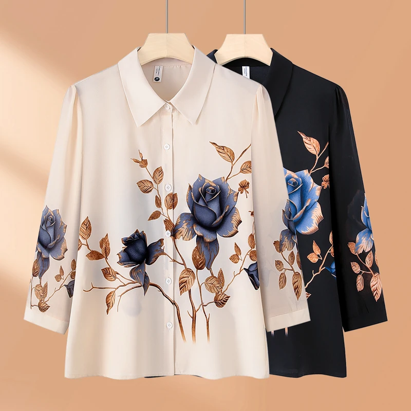 时尚女士中老年夏装碎花宽松长袖衬衫洋气妈妈中老年女装高贵印花