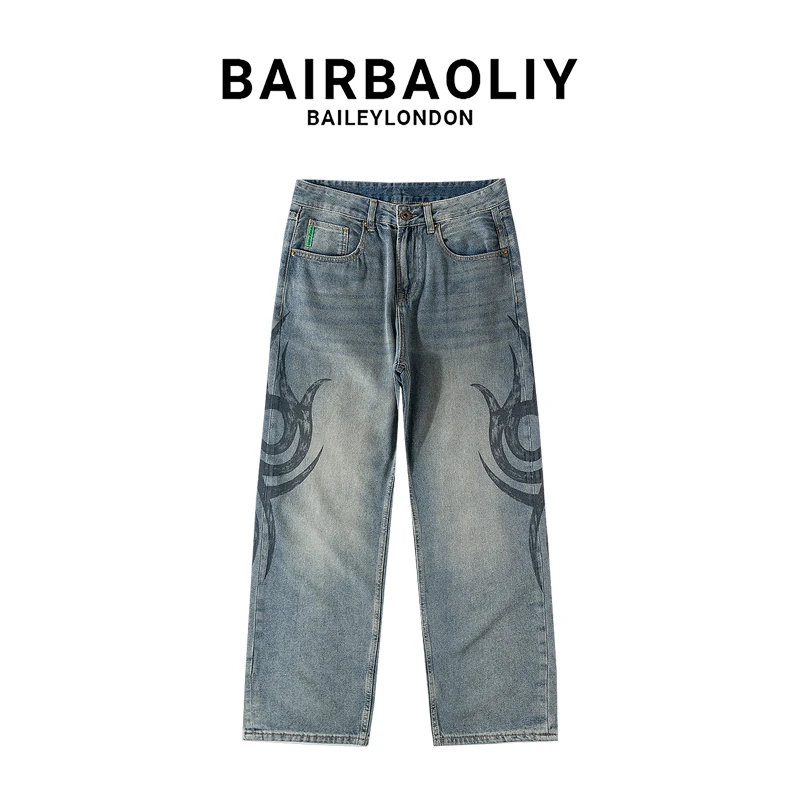 BAIRBAOLIY美式潮牌设计感龙纹图腾印花做旧复古宽松直筒牛仔长裤