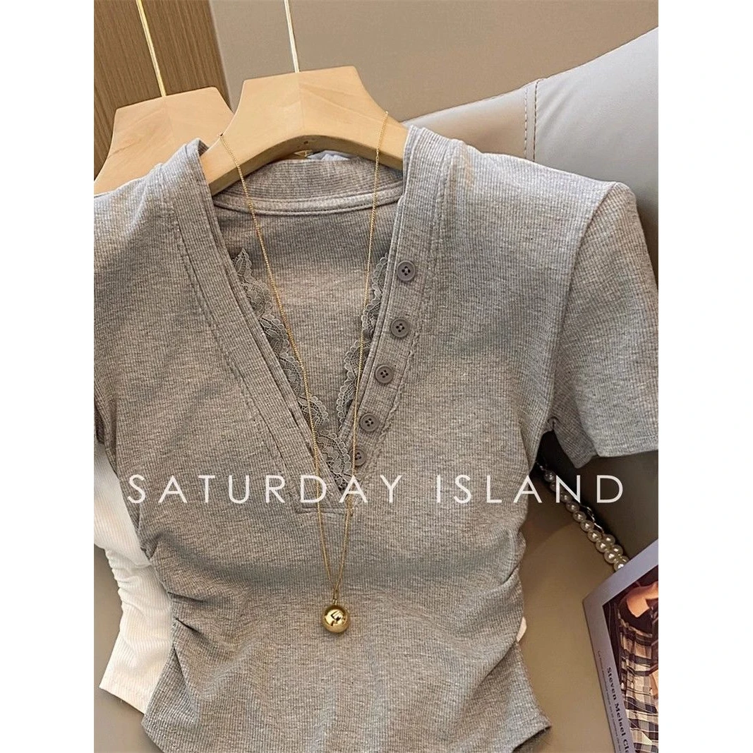 带垫肩法式复古设计蕾丝拼接V领短袖夏T恤女新款小众褶皱修身上衣