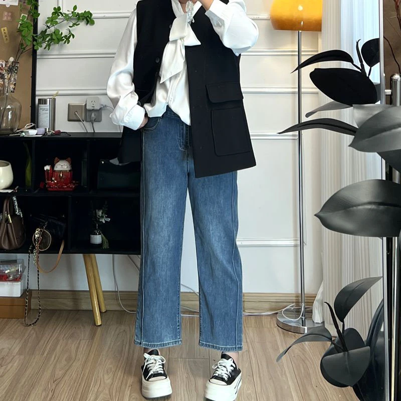 YZJ【四面弹2.0】春秋高腰四棉弹直筒线条压边法棍休闲牛仔九分裤