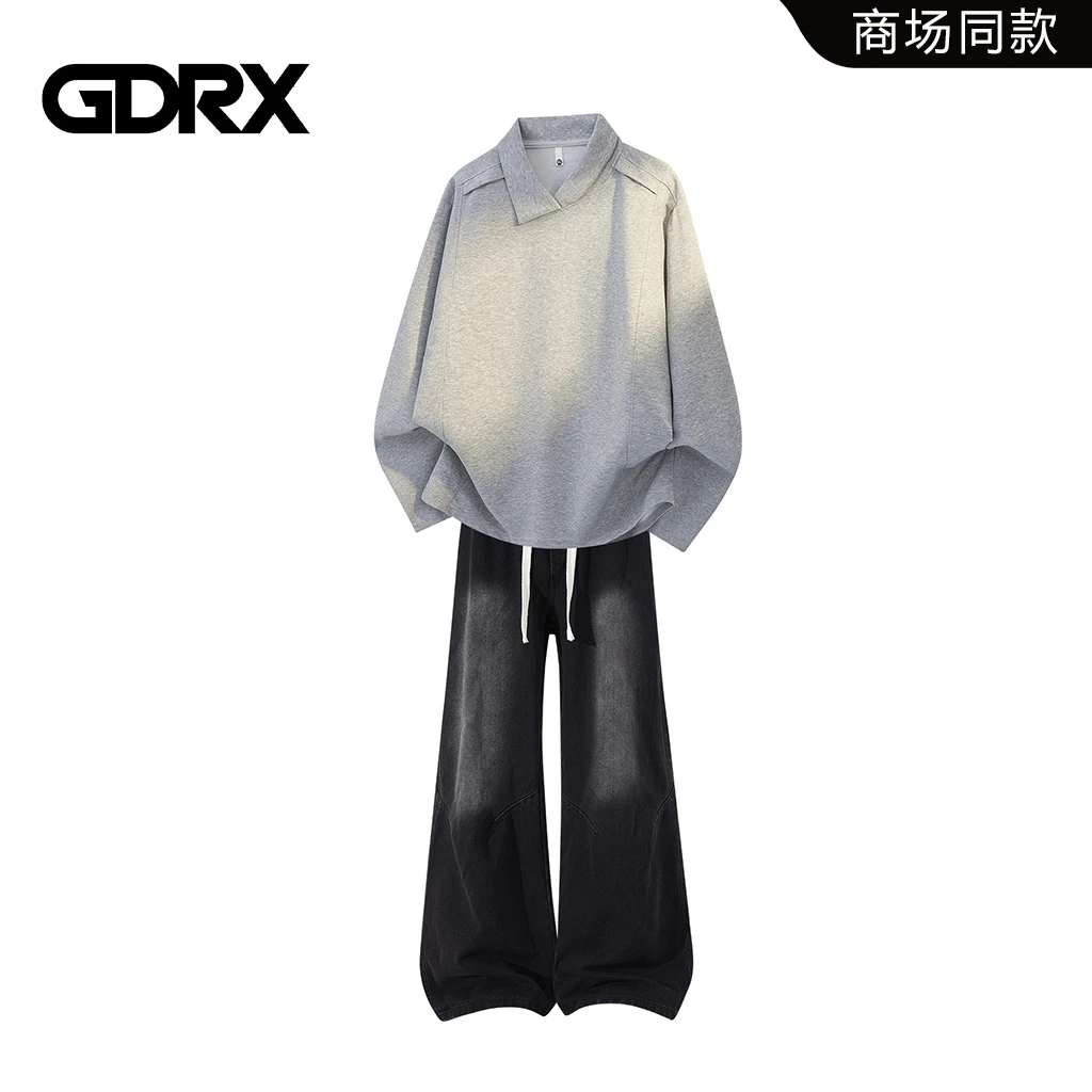 GDRX美式休闲套装男秋冬设计感卫衣阔腿高街牛仔裤两件套轻奢男装