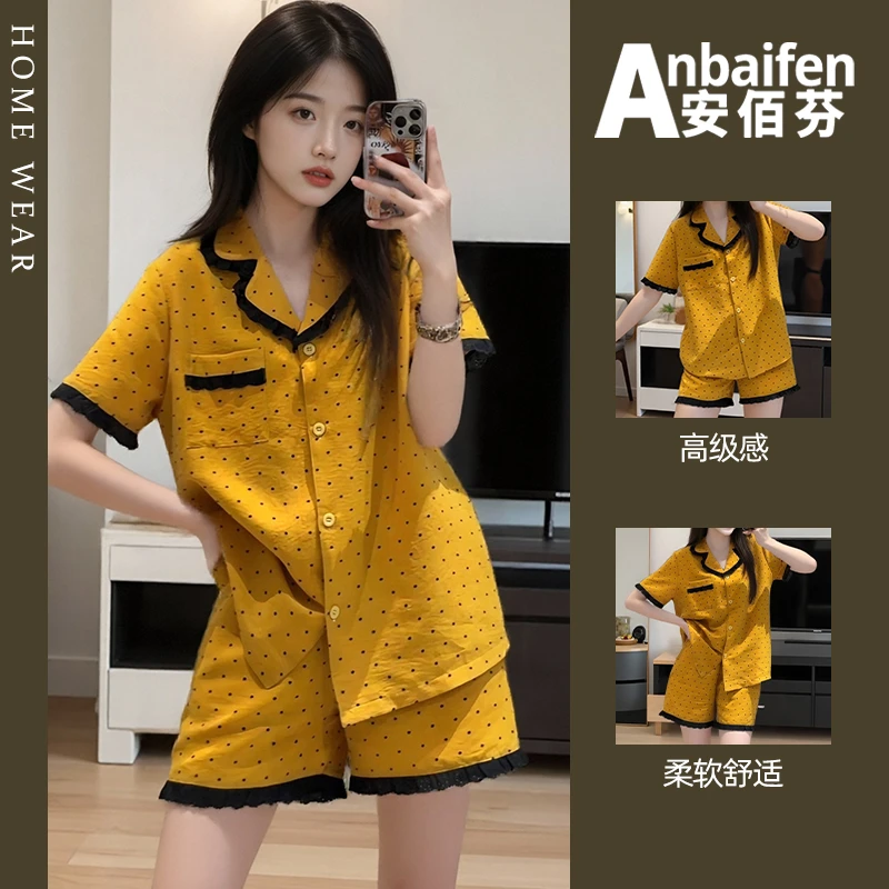 拼接蕾丝花边高级感睡衣女夏季少女纯欲波点宽松翻领开衫短袖短裤