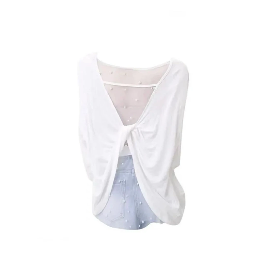 夏季新款小众设计露背扭结宽松长袖T恤法式高级感气质薄款上衣