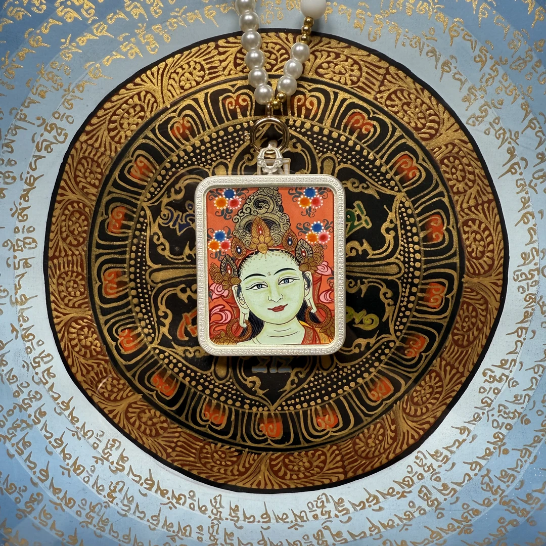 青海热贡唐卡/绿度母/矿物颜料精品手绘/半身像/4*5cm/吊坠挂牌
