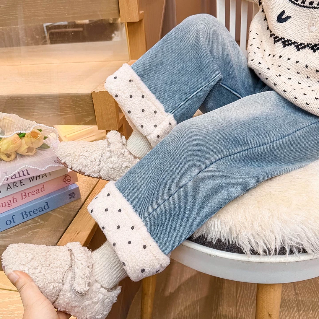 女童加绒牛仔裤秋冬款2025新款女宝宝加厚阔腿裤洋气儿童波点长裤