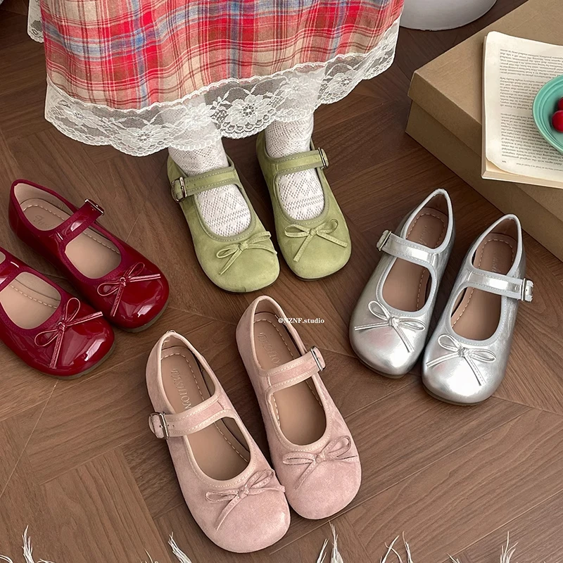 银色法式芭蕾风浅口平底单鞋女2025新款夏季配裙子蝴蝶结玛丽珍鞋