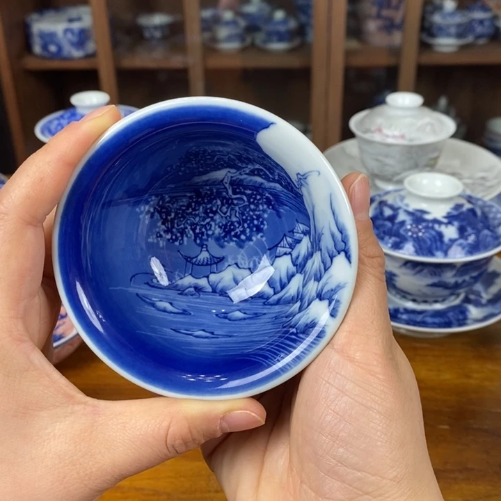 青花手绘雪景压手杯