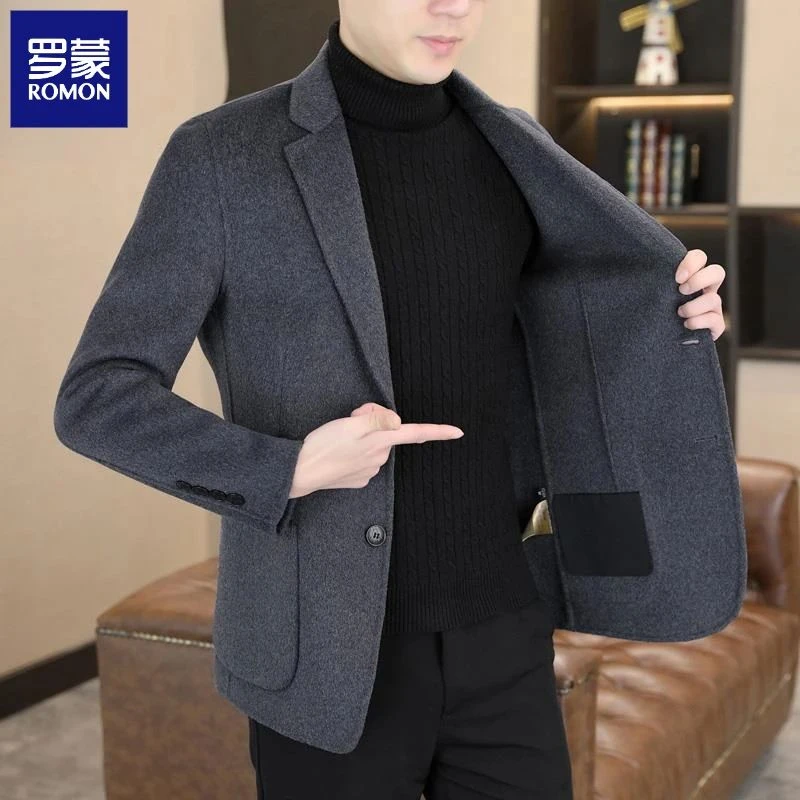 罗蒙优质双面毛呢男士秋冬季休闲百搭高档羊毛单西小西装外套西服