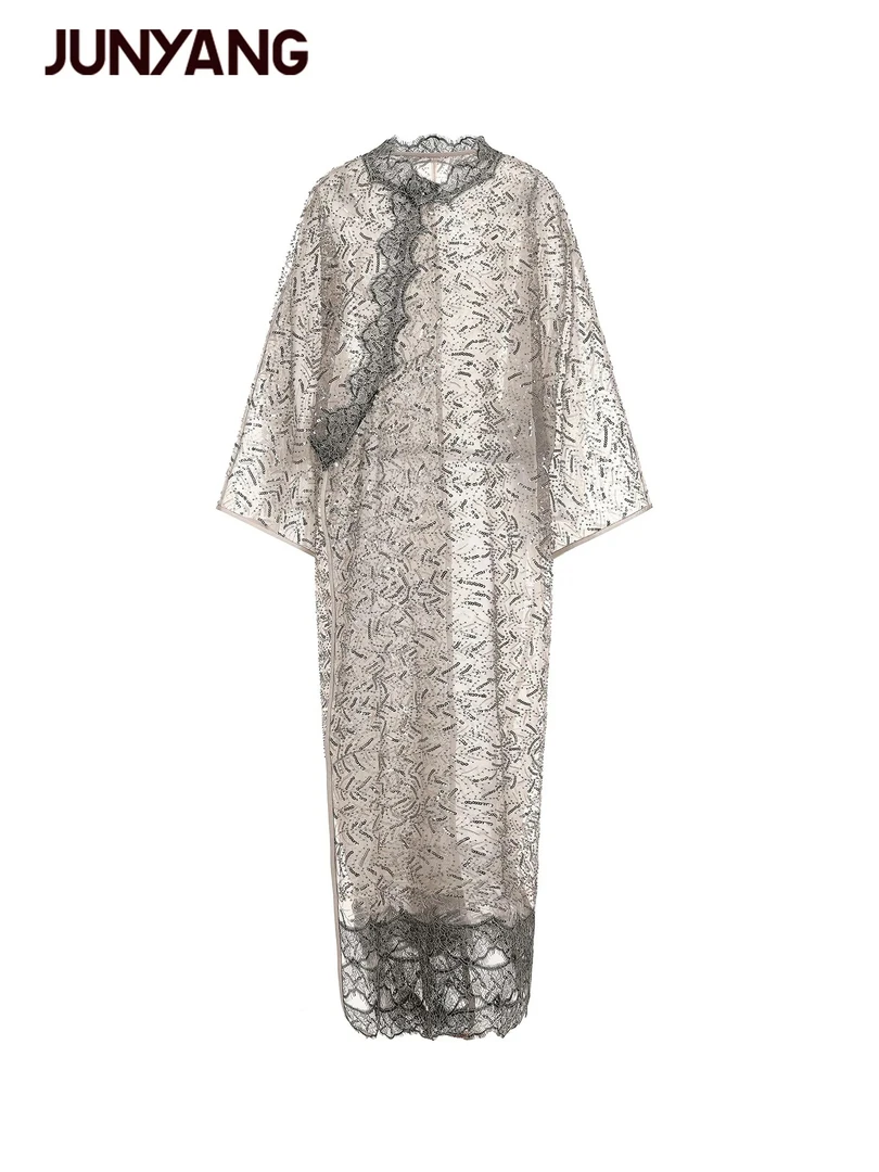 JUNYANG 25SS 花漫春山中式廓形外套女新中式蕾丝珠绣休闲大衣