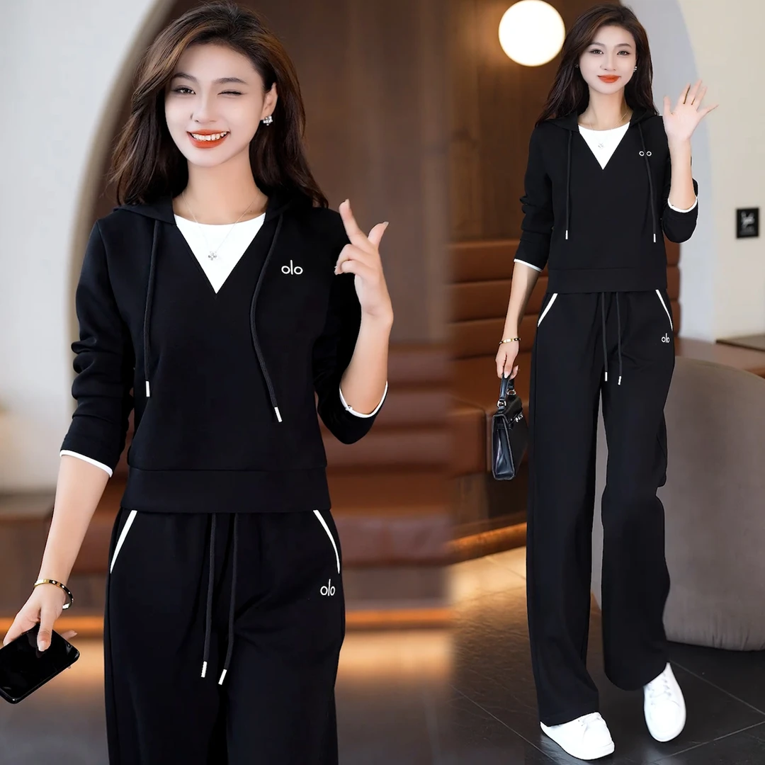 时尚休闲套装女2025秋季新款洋气宽松假两件连帽撞色减龄两件套