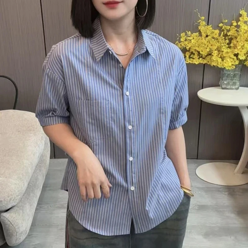 韩版宽松休闲日常条纹POLO领衬衫2025夏季新款时尚气质显瘦衬衣女