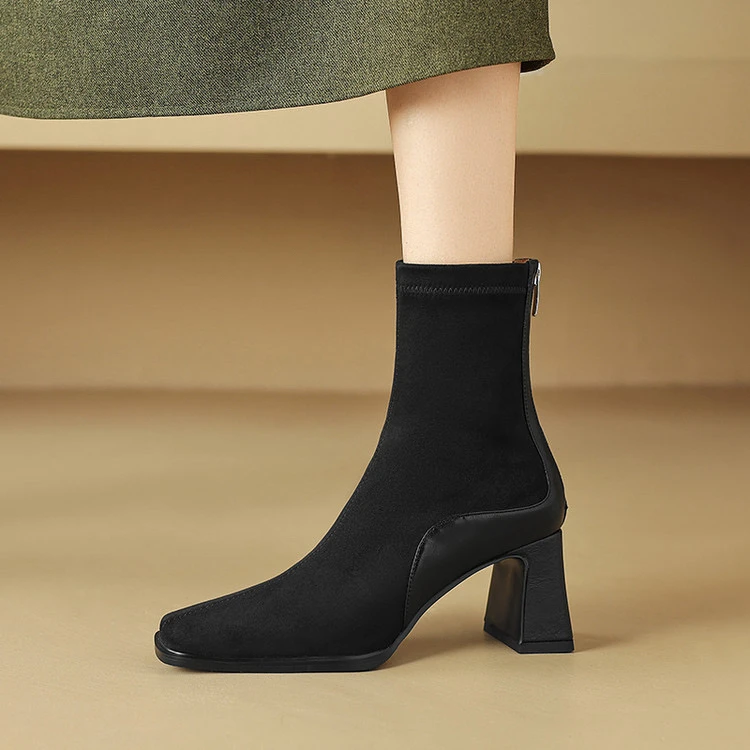 牛皮+弹力绒7cm方头复古显瘦短靴时尚百搭女时装靴粗跟瘦瘦靴短筒