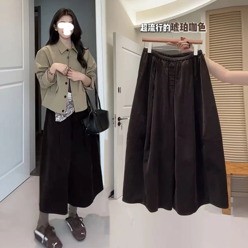 网红复古气质灯芯绒花苞裤女秋冬阔腿宽松咖色八分裤显瘦休闲裤子
