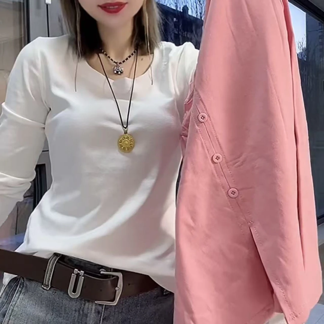 后背纽扣开叉设计感长袖T恤女春季2025新款宽松显瘦时尚收腰上衣