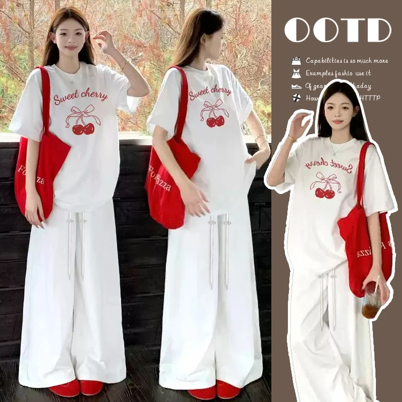 2025新款孕妇套装宽松慵懒风樱桃T恤上衣外穿阔腿裤休闲显瘦潮妈