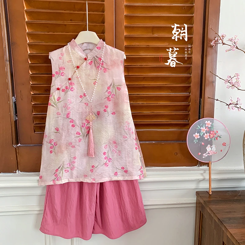 2025夏“芳华曼”女童国风印花上衣+裤子A2770