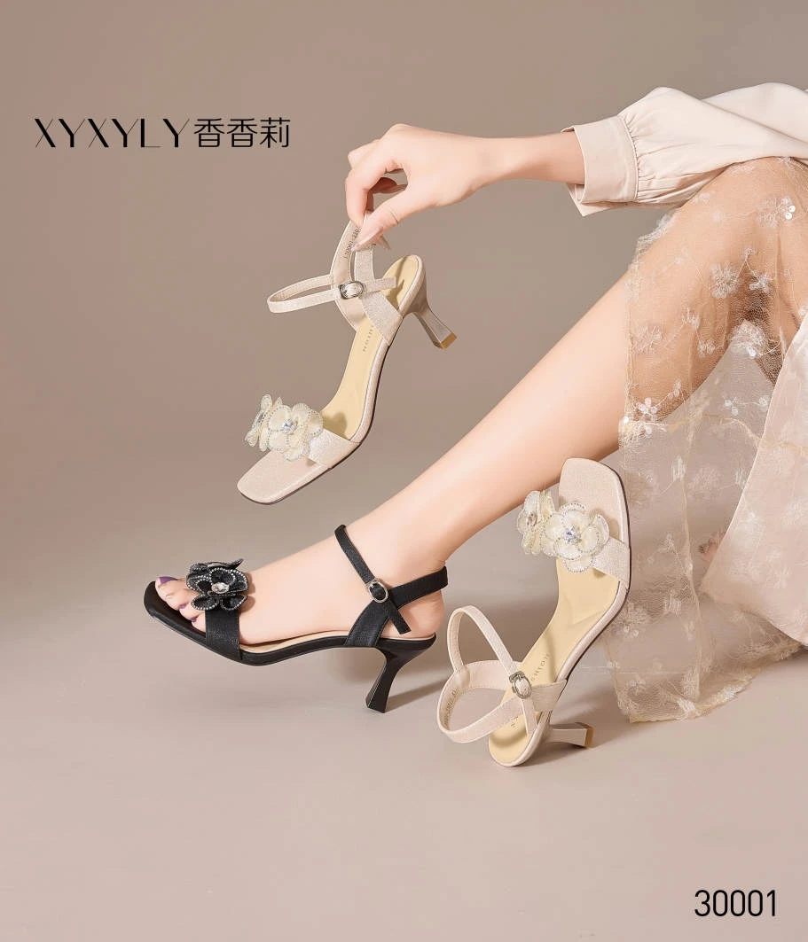 香香莉女鞋30001新款时尚百搭粗跟凉鞋女一字带高跟鞋女鞋2025夏