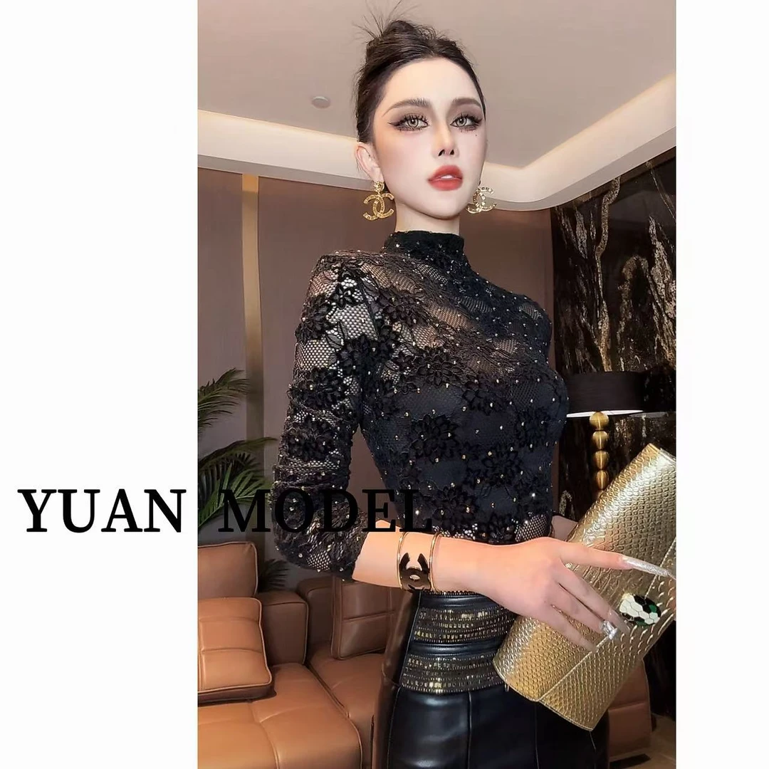 YUAN MODEL/媛老板-时装立领花朵蕾丝烫钻气质长袖T恤打底 122113