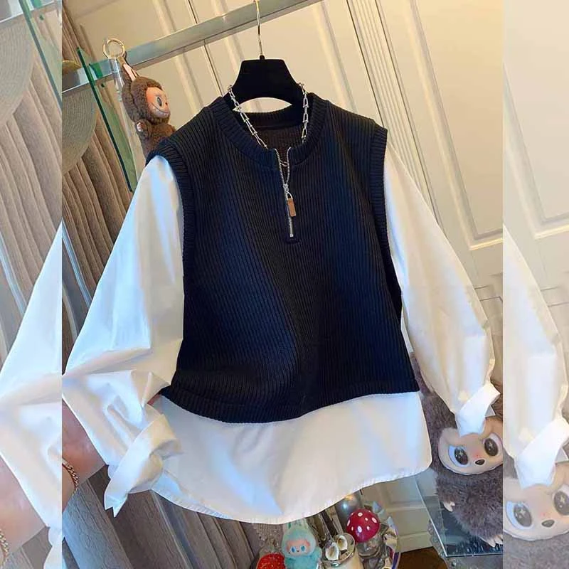 春秋季大码新品设计感半拉链针织马甲背心长袖衬衫女士假两件宽松