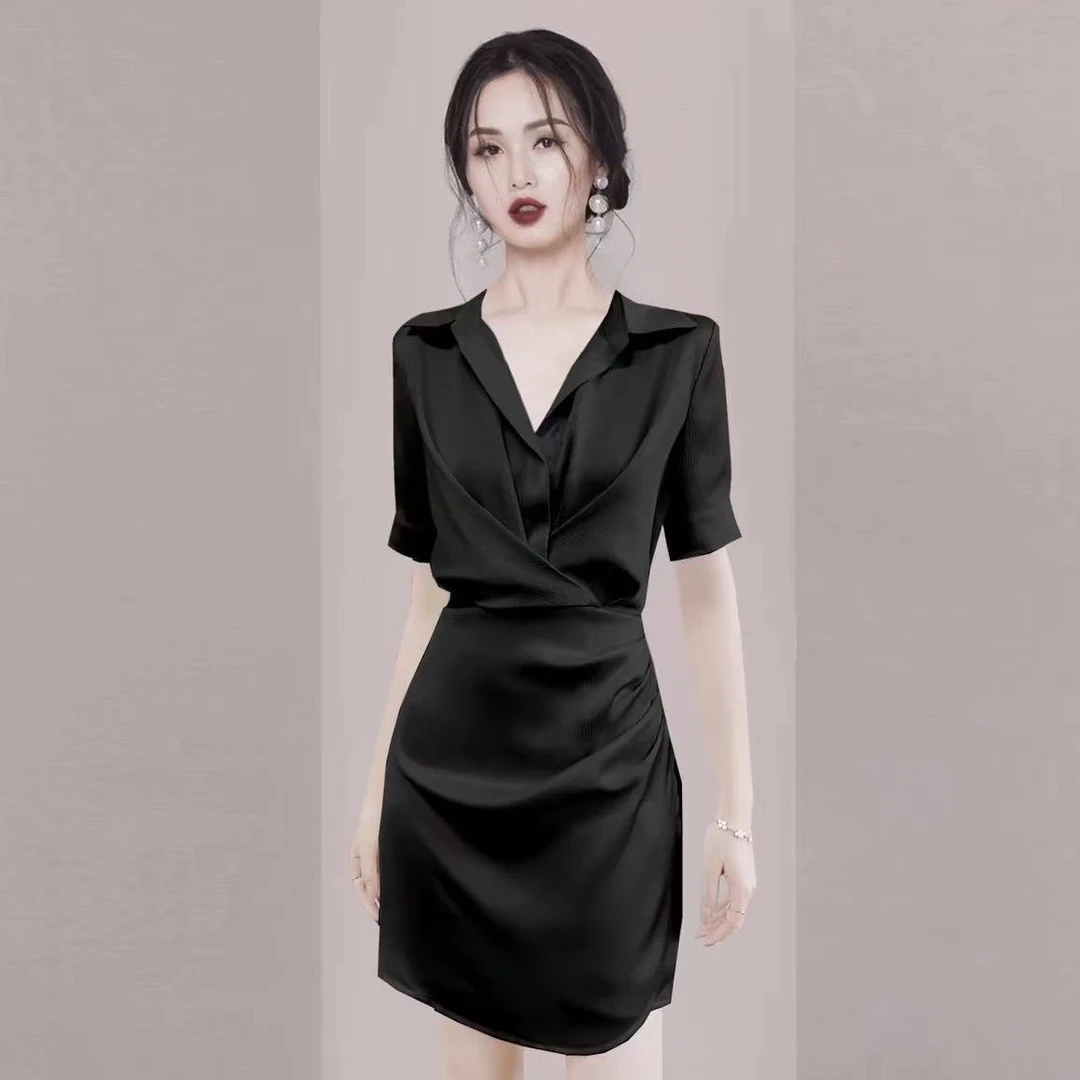 2025年夏新款翻领气质百搭收腰褶皱衬衫裙连衣裙小黑裙宴会小礼服