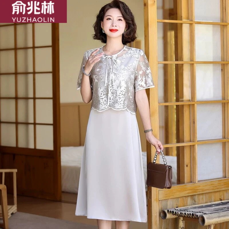 俞兆林中式女装妈妈夏装新款连衣裙套装中老年贵夫人夏季高端蕾丝